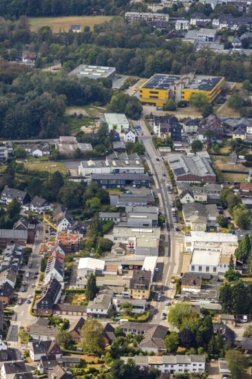 Aerial view, industrial area Lieversfeld, Berufskolleg Niederberg, construction site Am Lieversholz, Röttgen, Velbert, Ruhr area, North Rhine-Westphalia, Germany, construction work, construction area, building site, building plots, construction project, construction site, vocational school, education, educational institution, DE, Europe, college school, teaching institute, aerial view, aerial photography, aerial photography, new building, school, overview, bird's eye view, birds-eyes view, onlyVelbert, overview, Velbert-Mitte
