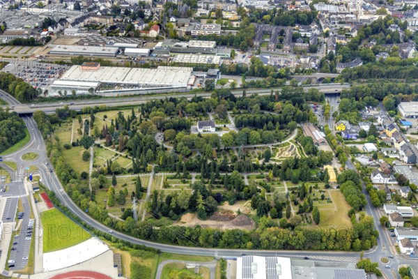 Aerial view, Protestant cemetery centre, Röttgen, Velbert, Ruhr area, North Rhine-Westphalia, Germany, burial site, DE, Europe, cemetery, cemetery chapel, memorial, place of worship, graves, burial ground, aerial photograph, aerial photography, aerial photography, resting place, overview, bird's-eye view, birds-eyes view, onlyVelbert, overview, Velbert-Mitte