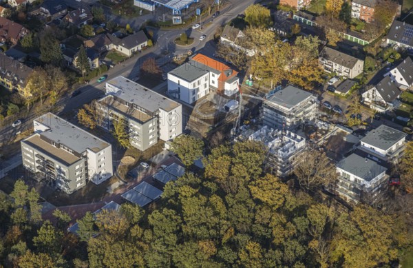Aerial view, construction site for 4 new townhouses, former Pestalozzi school site, Bahnhofstraße corner Alexanderstraße, Voerde, Ruhr area, North Rhine-Westphalia, Germany, construction work, building, construction area, building site, building plots, construction project, construction site, DE, Europe, property tax, real estate, aerial view, aerial photography, aerial photography, new building, overview, bird's-eye view, housing estate, living and living, residential area, residential buildings, residential quality, residential neighbourhood, housing estate, birds-eyes view, overview