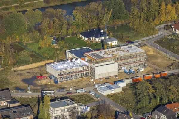Aerial view, construction site, new building, Am Dreieck, Wesel-Datteln-Kanal, Friedrichsfeld, Voerde, Ruhr area, North Rhine-Westphalia, Germany, construction work, construction, construction area, building site, building plots, construction project, construction site, DE, Europe, property tax, real estate, aerial photograph, aerial photography, aerial photography, new building, overview, bird's eye view, residential complex, living and living, residential area, residential buildings, residential quality, residential neighbourhood, residential estate, birds-eyes view, overview