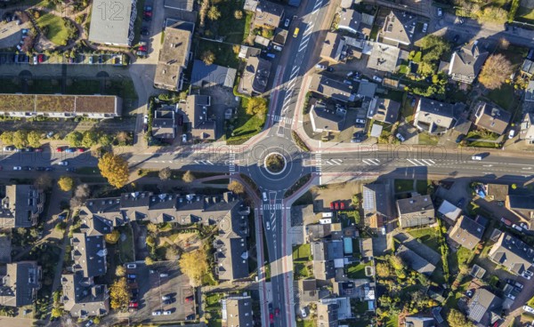 Aerial view, roundabout, Steinstraße, Dinslakener Straße, Voerde, Ruhr area, North Rhine-Westphalia, Germany, DE, Europe, aerial view, aerial photography, aerial photography, road traffic, overview, bird's-eye view, overview
