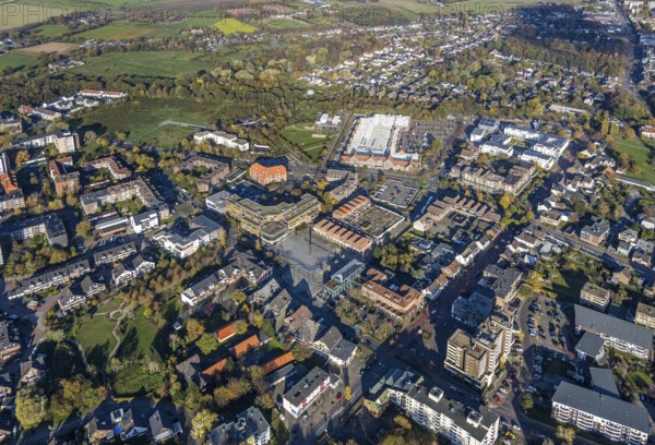 Aerial photo, town hall Voerde, town hall square, Hotel Niederrhein, Senioren-Park carpe diem Voerde, Voerde, North Rhine-Westphalia, Germany, retirement home, old people's home, authority, care and nursing, DE, E-Center Alnwicker Ring, shopping markets, shopping centre, Europe, inn, gastronomy, community, commercial buildings, hotel, hotel facilities, hotel business, real estate, aerial view, aerial photography, aerial photography, local supply centre, Lower Rhine, care facility, town hall, Ruhr area, retirement home, retirement residence, retirement home, senior citizens' centre, shopping centre, Voerde municipal library, city administration, overview, accommodation, administration, bird's-eye view, residential buildings, bird's-eye view, overview
