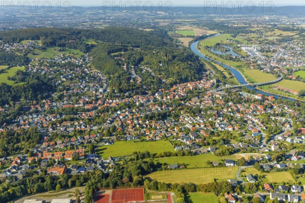 Aerial view, local view, Weser bridge, Vlotho, OWL, Ostwestfalen-Lippe, East Westphalia, North Rhine-Westphalia, Germany, bridge Mindener Straße, DE, Europe, river Weser, property tax, real estate, aerial view, aerial photography, aerial photography, OWL book, OWL book, overview, bird's-eye view, forest area, residential area, living and living, residential area, residential buildings, residential quality, residential neighbourhood, housing estate, birds-eyes view, overview