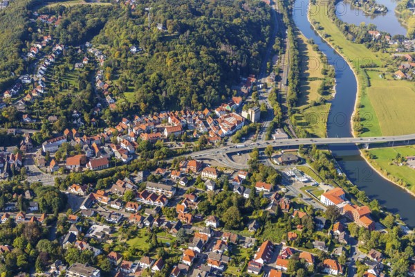 Aerial view, local view, Weser bridge, Vlotho, OWL, Ostwestfalen-Lippe, East Westphalia, North Rhine-Westphalia, Germany, bridge Mindener Straße, DE, Europe, river Weser, property tax, real estate, aerial view, aerial photography, aerial photography, OWL book, OWL book, overview, bird's-eye view, forest area, residential area, living and living, residential area, residential buildings, residential quality, residential neighbourhood, housing estate, birds-eyes view, overview