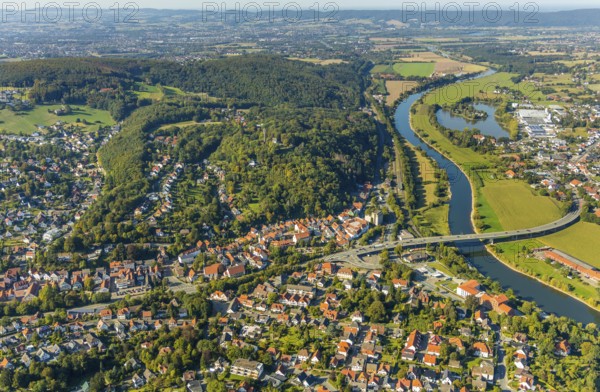 Aerial view, local view, Weser bridge, Vlotho, OWL, Ostwestfalen-Lippe, East Westphalia, North Rhine-Westphalia, Germany, bridge Mindener Straße, DE, Europe, river Weser, property tax, real estate, aerial view, aerial photography, aerial photography, OWL book, OWL book, overview, bird's-eye view, forest area, residential area, living and living, residential area, residential buildings, residential quality, residential neighbourhood, housing estate, birds-eyes view, overview
