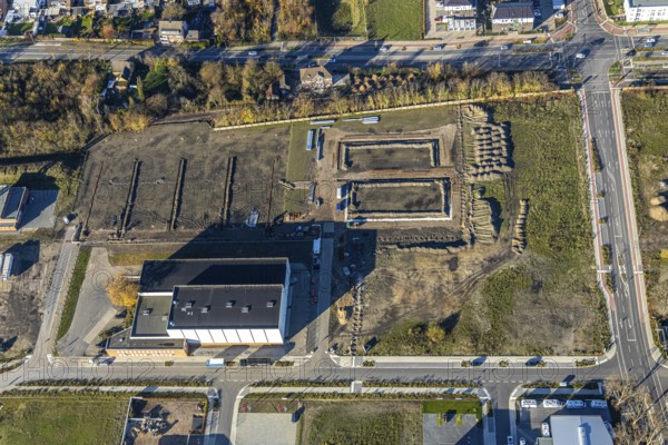 Aerial view, former Niederberg colliery, Neukirchen, Neukirchen-Vluyn, Ruhr area, North Rhine-Westphalia, Germany, An den Schächten, construction area, construction site, building plots, construction project, construction site, mine, DE, Europe, winding tower, aerial photograph, aerial photography, aerial photography, Lower Rhine, overview, bird's eye view, colliery, Niederberg colliery, birds-eyes view, former coal mine, overview