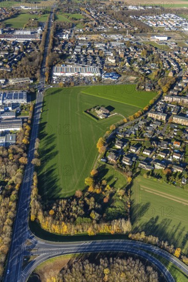 Aerial view, commercial area Lintorfer Straße, toom Baumarkt, Krämer MEGA STORE, Inneboltstraße, Neukirchen-Vluyn, Ruhr area, North Rhine-Westphalia, Germany, DE, Europe, commercial enterprises, commercial area, commercial park, commercial location, commercial use, industrial area, industrial building, industrial location, aerial view, aerial photography, aerial photography, equestrian supplies, overview, bird's-eye view, birds-eyes view, overview
