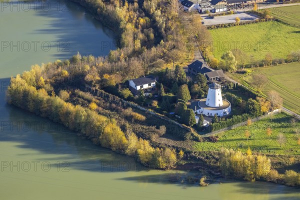 Aerial view, mill, An der Neuen Mühle, quarry pond, Neukirchen, Neukirchen-Vluyn, Ruhr area, North Rhine-Westphalia, Germany, DE, Europe, colour white, green trees, aerial view, aerial photography, aerial photography, overview, bird's eye view, birds-eyes view, overview