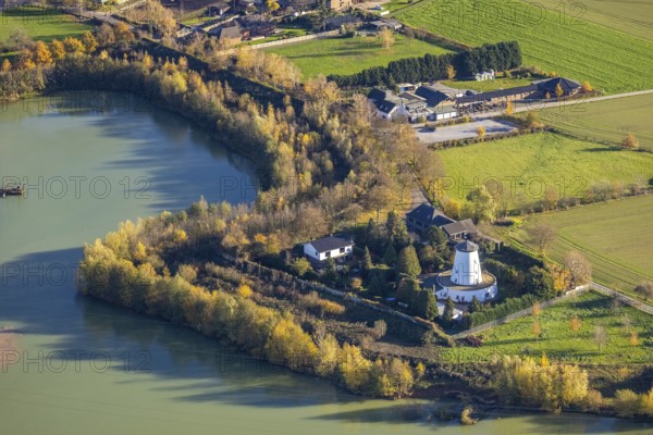 Aerial view, mill, An der Neuen Mühle, quarry pond, Neukirchen, Neukirchen-Vluyn, Ruhr area, North Rhine-Westphalia, Germany, DE, Europe, colour white, green trees, aerial view, aerial photography, aerial photography, overview, bird's eye view, birds-eyes view, overview