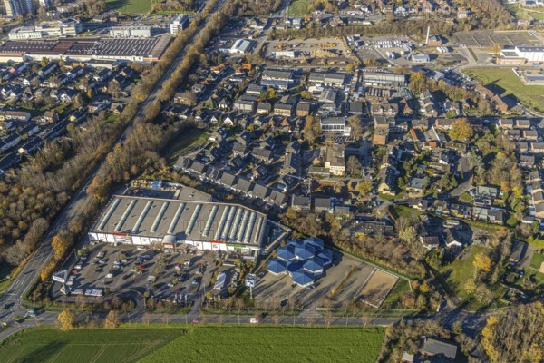 Aerial view, commercial area Lintorfer Straße, toom Baumarkt, Krämer MEGA STORE, Inneboltstraße, Neukirchen-Vluyn, Ruhr area, North Rhine-Westphalia, Germany, DE, Europe, commercial enterprises, commercial area, commercial park, commercial location, commercial use, industrial area, industrial building, industrial location, aerial view, aerial photography, aerial photography, equestrian supplies, overview, bird's-eye view, birds-eyes view, overview