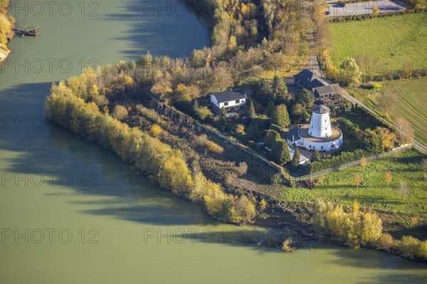 Aerial view, mill, An der Neuen Mühle, quarry pond, Neukirchen, Neukirchen-Vluyn, Ruhr area, North Rhine-Westphalia, Germany, DE, Europe, colour white, green trees, aerial view, aerial photography, aerial photography, overview, bird's eye view, birds-eyes view, overview