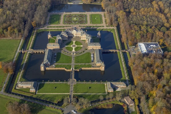 Nordkirchen Palace, Westphalian Versailles, Nordlirchen Palace, 18th century manor house in the Versailles style on an island with extensive landscaped gardens, at the North Rhine-Westphalia School of Finance, Baroque garden Venusinsel, Nordkirchen, Münsterland, North Rhine-Westphalia, Germany, DE, Europe, aerial photo, birds-eyes view, aerial photograph, aerial photography, aerial photography, overview, overview, bird's eye view, palace and park have been recognised by UNESCO as a total work of art of international standing
