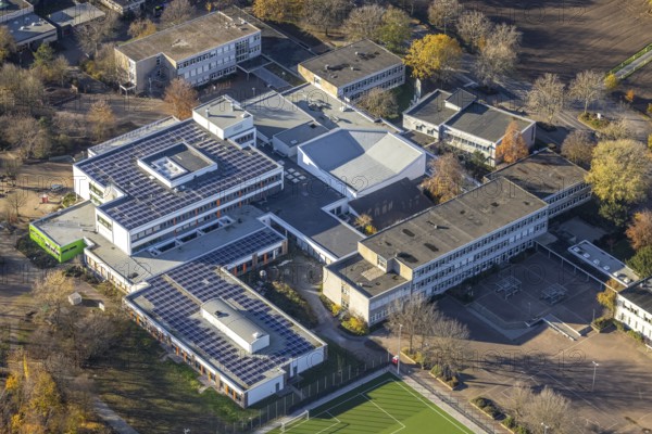 Aerial photo, school centre, Julius-Stursberg-Gymnasium, solar system, Neukirchen, Neukirchen-Vluyn, Ruhr area, North Rhine-Westphalia, Germany, education, educational institution, DE, Europe, grammar school, teaching institute, aerial photo, aerial photography, aerial photography, photovoltaics, photovoltaic system, school, solar, solar energy, solar energy, Tersteegenstraße, overview, bird's-eye view, bird's-eye view, overview