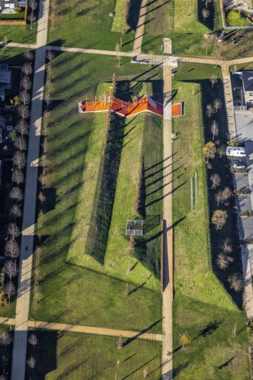 Aerial view, playground, Dicksche Heide development area, Niederberg Park, Neukirchen, Neukirchen-Vluyn, Ruhr area, North Rhine-Westphalia, Germany, DE, Europe, aerial view, aerial photography, aerial photography, overview, bird's-eye view, residential area, birds-eyes view, overview