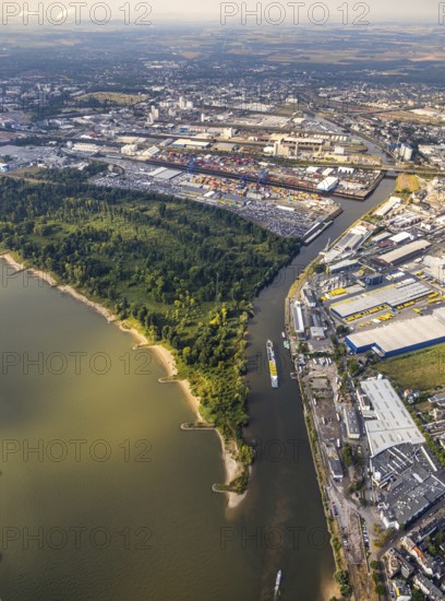 Aerial photo, harbour area, harbour facilities, Obererft, Neuss, city limits Düsseldorf, Rhineland, North Rhine-Westphalia, Germany, DE, Europe, birds-eyes view, aerial photo, aerial photography, aerial photography, overview, bird's eye view, harbour operating company, Neuss-Düsseldorfer Häfen GmbH & Co. KG, Contargo Neuss GmbH, Spedition Ansorge GmbH & Co. KG, Tanquid GmbH & Co. KG Tanklager Neuss I, Neuss customs office, Rhine, car transport, car loading, cargo ships, Neuss port, port of Neuss, port of Neuss, Rhine port, inland port, port facility, inland shipping