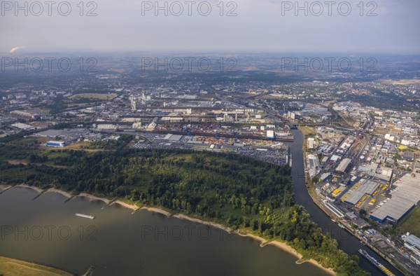 Aerial photo, harbour area, harbour facilities, Obererft, Neuss, city limits Düsseldorf, Rhineland, North Rhine-Westphalia, Germany, DE, Europe, birds-eyes view, aerial photo, aerial photography, aerial photography, overview, bird's eye view, harbour operating company, Neuss-Düsseldorfer Häfen GmbH & Co. KG, Contargo Neuss GmbH, Spedition Ansorge GmbH & Co. KG, Tanquid GmbH & Co. KG Tanklager Neuss I, Neuss customs office, Rhine, car transport, car loading, cargo ships, Neuss port, port of Neuss, port of Neuss, Rhine port, inland port, port facility, inland shipping