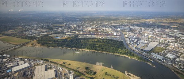 Aerial photo, harbour area, harbour facilities, Obererft, Neuss, city limits Düsseldorf, Rhineland, North Rhine-Westphalia, Germany, DE, Europe, birds-eyes view, aerial photo, aerial photography, aerial photography, overview, bird's eye view, harbour operating company, Neuss-Düsseldorfer Häfen GmbH & Co. KG, Contargo Neuss GmbH, Spedition Ansorge GmbH & Co. KG, Tanquid GmbH & Co. KG Tanklager Neuss I, Neuss customs office, Rhine, car transport, car loading, cargo ships, Neuss port, port of Neuss, port of Neuss, Rhine port, inland port, port facility, inland shipping