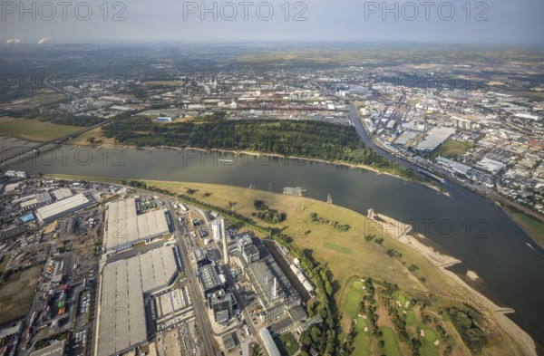 Aerial photo, harbour area, harbour facilities, Obererft, Neuss, city limits Düsseldorf, Rhineland, North Rhine-Westphalia, Germany, DE, Europe, birds-eyes view, aerial photo, aerial photography, aerial photography, overview, bird's eye view, harbour operating company, Neuss-Düsseldorfer Häfen GmbH & Co. KG, Contargo Neuss GmbH, Spedition Ansorge GmbH & Co. KG, Tanquid GmbH & Co. KG Tanklager Neuss I, Neuss customs office, Rhine, car transport, car loading, cargo ships, Neuss port, port of Neuss, port of Neuss, Rhine port, inland port, port facility, inland shipping