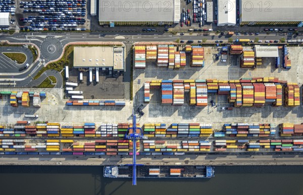 Aerial view, harbour area, harbour facilities, Contargo Neuss GmbH, container loading, container ship, Obererft, Neuss, city limits Düsseldorf, Rhineland, North Rhine-Westphalia, Germany, DE, Europe, birds-eyes view, aerial view, aerial photography, aerial photography, overview, bird's eye view, port operating company, Neuss-Düsseldorfer Häfen GmbH & Co. KG, Spedition Ansorge GmbH & Co. KG, Tanquid GmbH & Co. KG Tanklager Neuss I, Neuss customs office, Rhine, car transport, car loading, cargo ships, BLG AutoTransport GmbH & Co. KG, Neuss harbour, Neuss port, port of Neuss, Rhine port, inland port, port facility, inland shipping