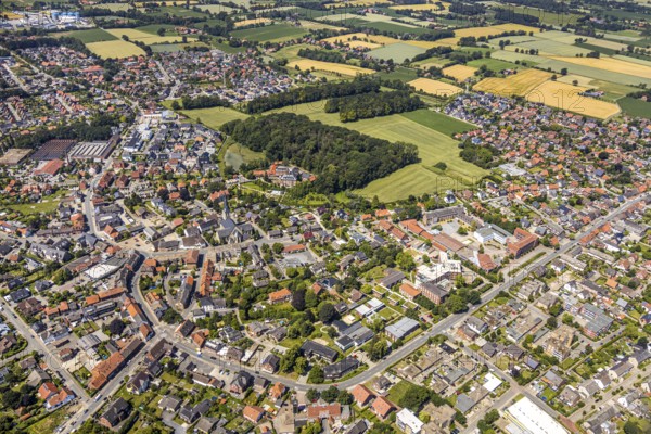 Aerial view, view of the town, Schwesternbusch forest, St. Dionysius Catholic Church, St. Francis House, Cardinal von Galen Comprehensive School, Nordwalde, Münsterland, North Rhine-Westphalia, Germany. Franziskus-Haus, Kardinal von Galen Comprehensive School, Nordwalde, Münsterland, North Rhine-Westphalia, Germany, retirement home, retirement home for religious, retirement home, old people's home, place of worship, care and nursing, education, educational institution, DE, Europe, distant view, comprehensive school, religious community, place of worship, church, parish, denomination, educational institute, aerial view, aerial photography, aerial photography, care facility, religion, school, retirement home, retirement home, retirement home, retirement centre, townscape, city area, overview, bird's-eye view, overview