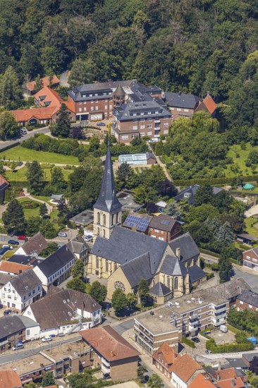 Aerial view, St. Dionysius Catholic Church, Kirchstraße, St. Franziskus-Haus, Pröbstingstraße, Nordwalde, Münsterland, North Rhine-Westphalia, Germany, retirement home, retirement home for religious, retirement home, retirement home, place of worship, care and nursing, DE, Europe, religious community, place of worship, church, parish, denomination, aerial view, aerial photography, aerial photography, care facility, religion, religious institution, retirement home, retirement residence, retirement home, senior citizens' centre, overview, bird's eye view, living and life, birds-eyes view, overview