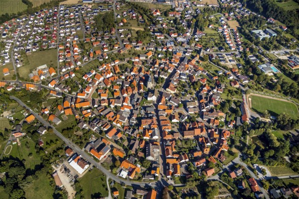 Aerial view, local view, Nieheim, Ostwestfalen-Lippe, OWL, North Rhine-Westphalia, Germany, DE, Europe, property tax, real estate, aerial view, aerial photography, aerial photography, OWL book, OWL book, East Westphalia, overview, bird's-eye view, meadows and fields, residential area, housing and living, residential area, residential buildings, residential quality, residential neighbourhood, housing estate, birds-eyes view, overview
