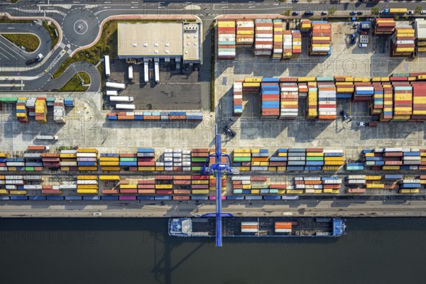 Aerial view, harbour area, harbour facilities, Contargo Neuss GmbH, container loading, container ship, Obererft, Neuss, city limits Düsseldorf, Rhineland, North Rhine-Westphalia, Germany, DE, Europe, birds-eyes view, aerial view, aerial photography, aerial photography, overview, bird's eye view, port operating company, Neuss-Düsseldorfer Häfen GmbH & Co. KG, Spedition Ansorge GmbH & Co. KG, Tanquid GmbH & Co. KG Tanklager Neuss I, Neuss customs office, Rhine, car transport, car loading, cargo ships, BLG AutoTransport GmbH & Co. KG, Neuss harbour, Neuss port, port of Neuss, Rhine port, inland port, port facility, inland shipping