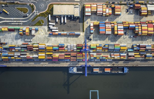 Aerial view, harbour area, harbour facilities, Contargo Neuss GmbH, container loading, container ship, Obererft, Neuss, city limits Düsseldorf, Rhineland, North Rhine-Westphalia, Germany, DE, Europe, birds-eyes view, aerial view, aerial photography, aerial photography, overview, bird's eye view, port operating company, Neuss-Düsseldorfer Häfen GmbH & Co. KG, Spedition Ansorge GmbH & Co. KG, Tanquid GmbH & Co. KG Tanklager Neuss I, Neuss customs office, Rhine, car transport, car loading, cargo ships, BLG AutoTransport GmbH & Co. KG, Neuss harbour, Neuss port, port of Neuss, Rhine port, inland port, port facility, inland shipping