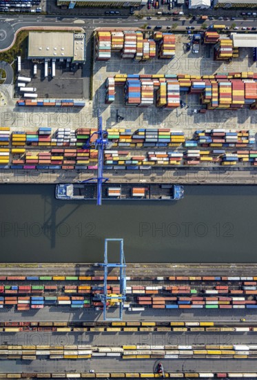 Aerial view, harbour area, harbour facilities, Contargo Neuss GmbH, container loading, container ship, Obererft, Neuss, city limits Düsseldorf, Rhineland, North Rhine-Westphalia, Germany, DE, Europe, birds-eyes view, aerial view, aerial photography, aerial photography, overview, bird's eye view, port operating company, Neuss-Düsseldorfer Häfen GmbH & Co. KG, Spedition Ansorge GmbH & Co. KG, Tanquid GmbH & Co. KG Tanklager Neuss I, Neuss customs office, Rhine, car transport, car loading, cargo ships, BLG AutoTransport GmbH & Co. KG, Neuss harbour, Neuss port, port of Neuss, Rhine port, inland port, port facility, inland shipping