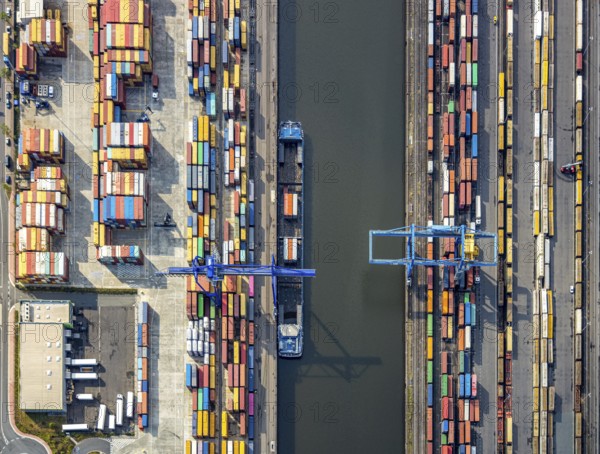 Aerial view, harbour area, harbour facilities, Contargo Neuss GmbH, container loading, container ship, Obererft, Neuss, city limits Düsseldorf, Rhineland, North Rhine-Westphalia, Germany, DE, Europe, birds-eyes view, aerial view, aerial photography, aerial photography, overview, bird's eye view, port operating company, Neuss-Düsseldorfer Häfen GmbH & Co. KG, Spedition Ansorge GmbH & Co. KG, Tanquid GmbH & Co. KG Tanklager Neuss I, Neuss customs office, Rhine, car transport, car loading, cargo ships, BLG AutoTransport GmbH & Co. KG, Neuss harbour, Neuss port, port of Neuss, Rhine port, inland port, port facility, inland shipping