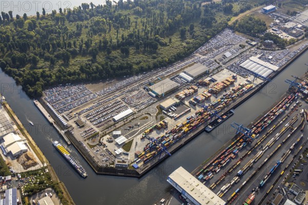 Aerial view, harbour area, harbour facilities, Contargo Neuss GmbH, container loading, container ship, Obererft, Neuss, city limits Düsseldorf, Rhineland, North Rhine-Westphalia, Germany, DE, Europe, birds-eyes view, aerial view, aerial photography, aerial photography, overview, bird's eye view, port operating company, Neuss-Düsseldorfer Häfen GmbH & Co. KG, Spedition Ansorge GmbH & Co. KG, Tanquid GmbH & Co. KG Tanklager Neuss I, Neuss customs office, Rhine, car transport, car loading, cargo ships, BLG AutoTransport GmbH & Co. KG, Neuss harbour, Neuss port, port of Neuss, Rhine port, inland port, port facility, inland shipping