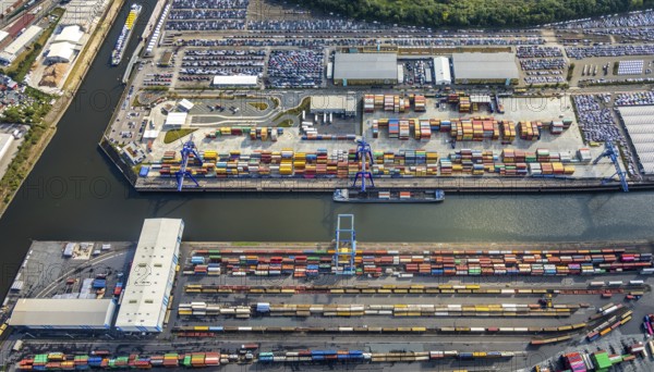 Aerial view, harbour area, harbour facilities, Contargo Neuss GmbH, container loading, container ship, Obererft, Neuss, city limits Düsseldorf, Rhineland, North Rhine-Westphalia, Germany, DE, Europe, birds-eyes view, aerial view, aerial photography, aerial photography, overview, bird's eye view, port operating company, Neuss-Düsseldorfer Häfen GmbH & Co. KG, Spedition Ansorge GmbH & Co. KG, Tanquid GmbH & Co. KG Tanklager Neuss I, Neuss customs office, Rhine, car transport, car loading, cargo ships, BLG AutoTransport GmbH & Co. KG, Neuss harbour, Neuss port, port of Neuss, Rhine port, inland port, port facility, inland shipping