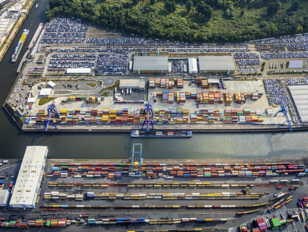 Aerial view, harbour area, harbour facilities, Contargo Neuss GmbH, container loading, container ship, Obererft, Neuss, city limits Düsseldorf, Rhineland, North Rhine-Westphalia, Germany, DE, Europe, birds-eyes view, aerial view, aerial photography, aerial photography, overview, bird's eye view, port operating company, Neuss-Düsseldorfer Häfen GmbH & Co. KG, Spedition Ansorge GmbH & Co. KG, Tanquid GmbH & Co. KG Tanklager Neuss I, Neuss customs office, Rhine, car transport, car loading, cargo ships, BLG AutoTransport GmbH & Co. KG, Neuss harbour, Neuss port, port of Neuss, Rhine port, inland port, port facility, inland shipping