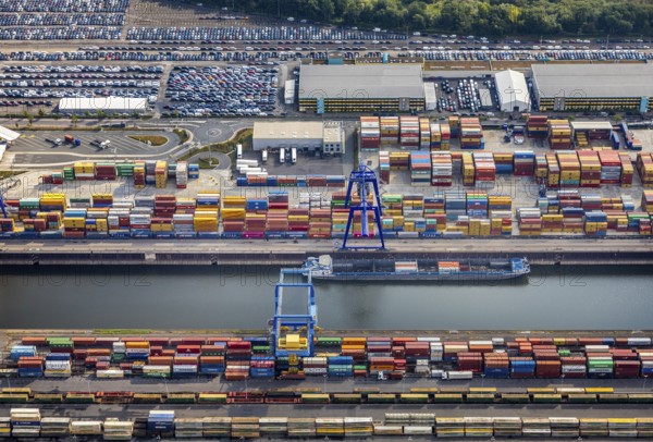 Aerial view, harbour area, harbour facilities, Contargo Neuss GmbH, container loading, container ship, Obererft, Neuss, city limits Düsseldorf, Rhineland, North Rhine-Westphalia, Germany, DE, Europe, birds-eyes view, aerial view, aerial photography, aerial photography, overview, bird's eye view, port operating company, Neuss-Düsseldorfer Häfen GmbH & Co. KG, Spedition Ansorge GmbH & Co. KG, Tanquid GmbH & Co. KG Tanklager Neuss I, Neuss customs office, Rhine, car transport, car loading, cargo ships, BLG AutoTransport GmbH & Co. KG, Neuss harbour, Neuss port, port of Neuss, Rhine port, inland port, port facility, inland shipping