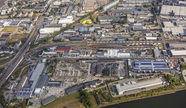 Aerial photo, harbour area, harbour facilities, Obererft, Neuss, city limits Düsseldorf, Rhineland, North Rhine-Westphalia, Germany, DE, Europe, birds-eyes view, aerial photo, aerial photography, aerial photography, overview, bird's eye view, harbour operating company, Neuss-Düsseldorfer Häfen GmbH & Co. KG, Contargo Neuss GmbH, Spedition Ansorge GmbH & Co. KG, Tanquid GmbH & Co. KG Tanklager Neuss I, Neuss customs office, Rhine, car transport, car loading, cargo ships, Neuss port, port of Neuss, port of Neuss, Rhine port, inland port, port facility, inland shipping