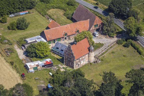 Aerial view, Haus Klein-Schonebeck, construction site extension, Wierling, Nottuln, Small Munsterlander, North Rhine-Westphalia, Germany, construction work, construction site, construction project, construction site, DE, Europe, manor house, manor house, manor house, courtyard, country road L844, aerial photograph, aerial photography, aerial photography, private property, tower, overview, bird's eye view, octagonal stair tower, birds-eyes view, former moated castle, overview
