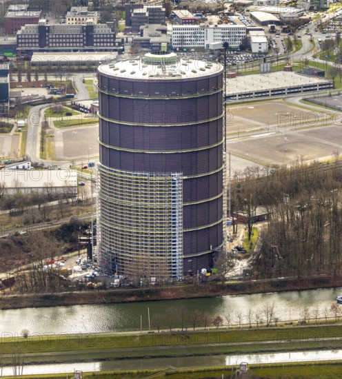 Aerial view, gasometer, repainting, rust protection, event location, former gas storage, Oberhausen, Ruhr area, North Rhine-Westphalia, Germany, exhibitions, DE, Europe, culture, art, aerial photography, aerial photography, aerial photography, panoramic view, decommissioned gas storage, overview, events, event location, bird's eye view, birds-eyes view, cultural use, overview, Rhine-Herne Canal, barrel, construction site