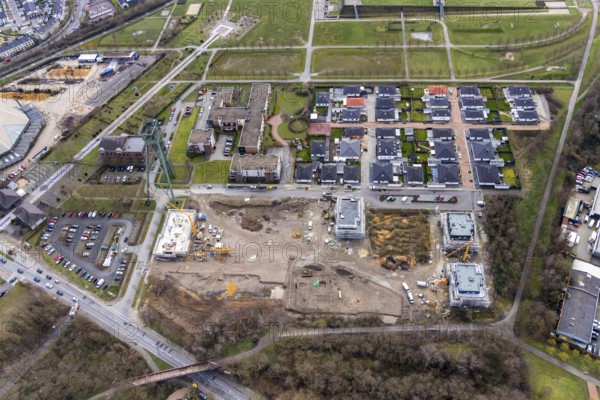 Aerial view, winding tower Osterfeld colliery pit ½, new residential complex for senior citizens, senior citizens' residence at OLGA-Park, Osterfeld, Oberhausen, Ruhr area, North Rhine-Westphalia, Germany, construction work, construction area, construction site, building plots, construction project, construction site, mining, DE, development, Europe, garden dome former coal mixing plant of Osterfeld colliery, gasometer, capacity requirements, aerial view, aerial photography, aerial photography, new building, Plassmeier Bau, overview, Vestische Straße, bird's eye view, growth, Zum Steigerhaus, birds-eyes view, overview