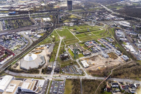 Aerial view, winding tower Osterfeld colliery pit Â½, garden dome, new construction residential complex for senior citizens, senior citizens' residence at OLGA-Park, Osterfeld, Oberhausen, Ruhr area, North Rhine-Westphalia, Germany, construction work, construction area, construction site, building plots, construction project, construction site, DE, development, Europe, garden dome former coal mixing plant of Osterfeld colliery, gasometer, capacity requirement, aerial view, aerial photography, aerial photography, new building, Plassmeier Bau, overview, Vestische Straße, bird's eye view, growth, Zum Steigerhaus, birds-eyes view, overview