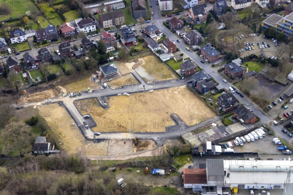 Aerial view, new development area Lilienthalstraße, Nürnberger Straße, Osterfeld, Oberhausen, Ruhr area, North Rhine-Westphalia, Germany, construction area, construction site, building plots, construction measure, construction project, DE, development, Europe, capacity requirements, aerial photograph, aerial photography, aerial photography, new construction, new development area Hermann-Frye-Weg, overview, bird's eye view, residential complex, living and living, residential area, housing estate, birds-eyes view, overview