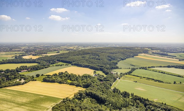 Aerial view, Baumberge forest reserve, Hotel Steverburg, meadows and fields, Nottuln, Münsterland, North Rhine-Westphalia, Germany, DE, Europe, distant view, gastronomy, hotel, hotel facilities, hotel business, state road L874, agricultural fields, aerial view, aerial photography, aerial photography, nature reserve, plots, castle, overview, bird's eye view, forest, birds-eyes view, landw, overview