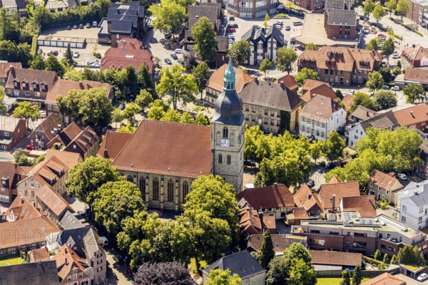 Aerial view, catholic St. Martinus collegiate church and parish church, town centre, Nottuln, Münsterland, North Rhine-Westphalia, Germany, place of worship, DE, Europe, religious community, place of worship, property tax, real estate, church, parish, denomination, aerial view, aerial photography, aerial photography, religion, Stiftsplatz, overview, bird's-eye view, residential area, living and life, residential area, residential buildings, residential quality, housing estate, birds-eyes view, overview