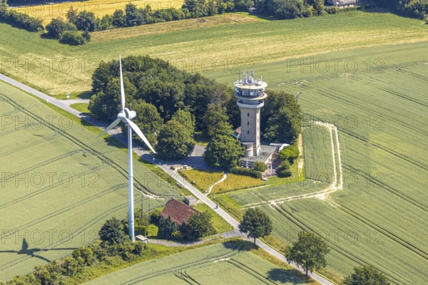 Aerial view, Baumberge, Longinusturm, Nottuln, Münsterland, North Rhine-Westphalia, Germany, observation tower, DE, energy, Europe, aerial view, aerial photography, aerial photography, sight, tower, overview, bird's-eye view, WEA, meadows and fields, wind turbine, wind power, wind turbine, wind turbines, birds-eyes view, historical, overview