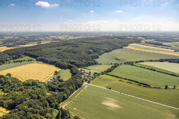 Aerial view, Baumberge forest reserve, Hotel Steverburg, meadows and fields, Nottuln, Münsterland, North Rhine-Westphalia, Germany, DE, Europe, distant view, gastronomy, hotel, hotel facilities, hotel business, state road L874, agricultural fields, aerial view, aerial photography, aerial photography, nature reserve, plots, castle, overview, bird's eye view, forest, birds-eyes view, landw, overview