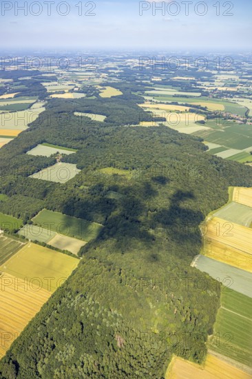 Aerial view, Baumberge forest reserve, meadows and fields, Nottuln, Münsterland, North Rhine-Westphalia, Germany, DE, Europe, distant view, agricultural fields, aerial view, aerial photography, aerial photography, nature reserve, plots, overview, bird's-eye view, forest, birds-eyes view, landw, overview