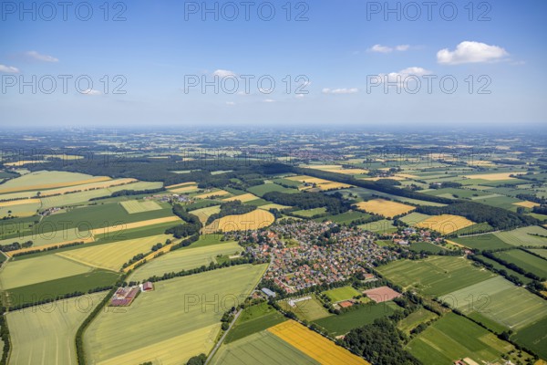 Aerial view, local view Schapdetten, catholic church St. Bonifatius Schapdetten, Schapdetten, Nottuln, Münsterland, North Rhine-Westphalia, Germany, place of worship, DE, Europe, distant view, religious community, place of worship, church, parish, denomination, agricultural fields, aerial view, aerial photography, aerial photography, local view, parcels, sports field, town view, urban area, overview, bird's eye view, wooded area, meadows and fields, birds-eyes view, landw, overview