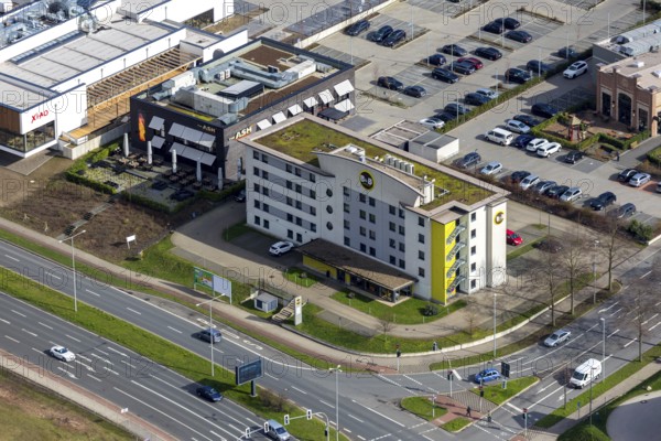 Aerial view, The ASH - Oberhausen, B&B Hotel Oberhausen am Centro, Oberhausen, Ruhr area, North Rhine-Westphalia, Germany, Brammenring, DE, food and drink, Europe, restaurant, gastronomy, gastronomy at Centro, hotel, hotel at Centro, hotel facilities, hotel business, aerial view, aerial photography, aerial photography, restaurant, overview, bird's-eye view, overview