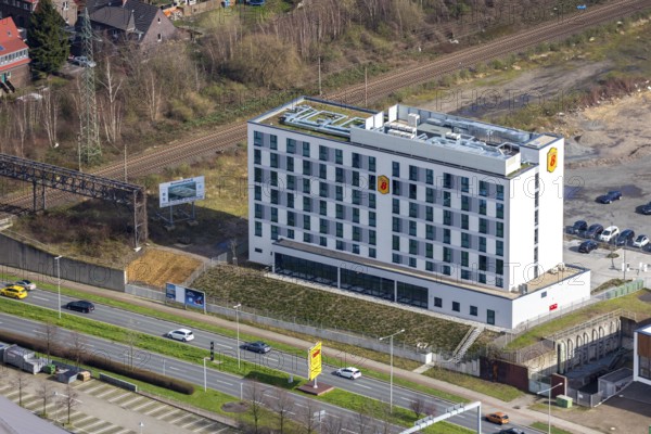 Aerial view, Hotel Super 8 by Wyndham Oberhausen, Oberhausen, Ruhr area, North Rhine-Westphalia, Germany, Brammenring, DE, Europe, gastronomy, gastronomy at the Centro, hotel, hotel at the Centro, hotel facilities, hotel business, aerial view, aerial photography, aerial photography, overview, bird's eye view, birds-eyes view, overview