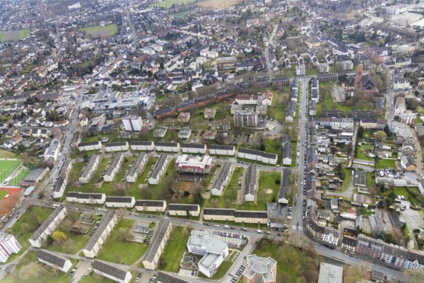 Aerial view, housing estate Knappenviertel, Bunkermuseum Oberhausen, multi-generation house of the AWO, new building senior citizens' residential park Königsberger Straße, Oberhausen, Ruhr area, North Rhine-Westphalia, Germany, Alte Heid, DE, Europe, property tax, real estate, culture, aerial photograph, aerial photography, aerial photography, museum, overview, bird's-eye view, residential complex, living and life, residential area, residential buildings, residential neighbourhood, housing estate, bird's-eye view, overview