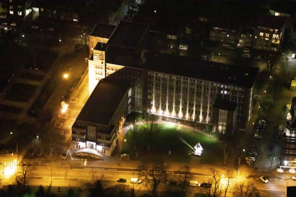Aerial view, city hall Oberhausen, city administration, night photography, Schwartzstraße, Oberhausen, Ruhr area, North Rhine-Westphalia, Germany, DEU, Europe, birds-eyes view, aerial photography, aerial photography, overview, bird's eye view, nightshot, night, night flight
